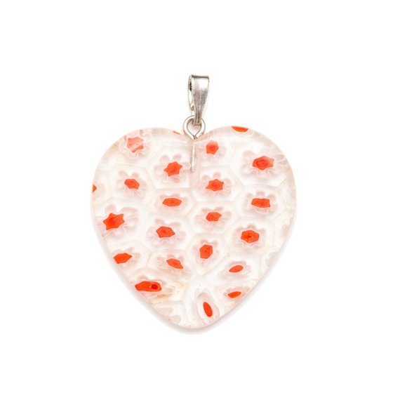 Millefiori Glass Clear Heart Shape with White & Red Flowers Necklace - Picture 6 of 8